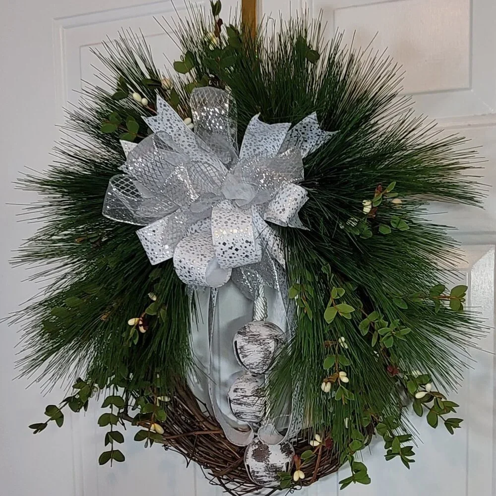 White Bells, White Berries, Pine Wreath, Winter Holiday Wreath, Hand Crafted